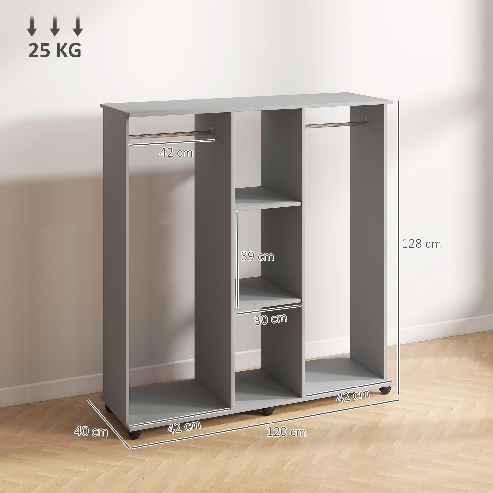 HOMCOM Armoire Penderie Meuble de Rangement Mobile 6 roulettes 120L x 40l x 128H cm en Bois Gris