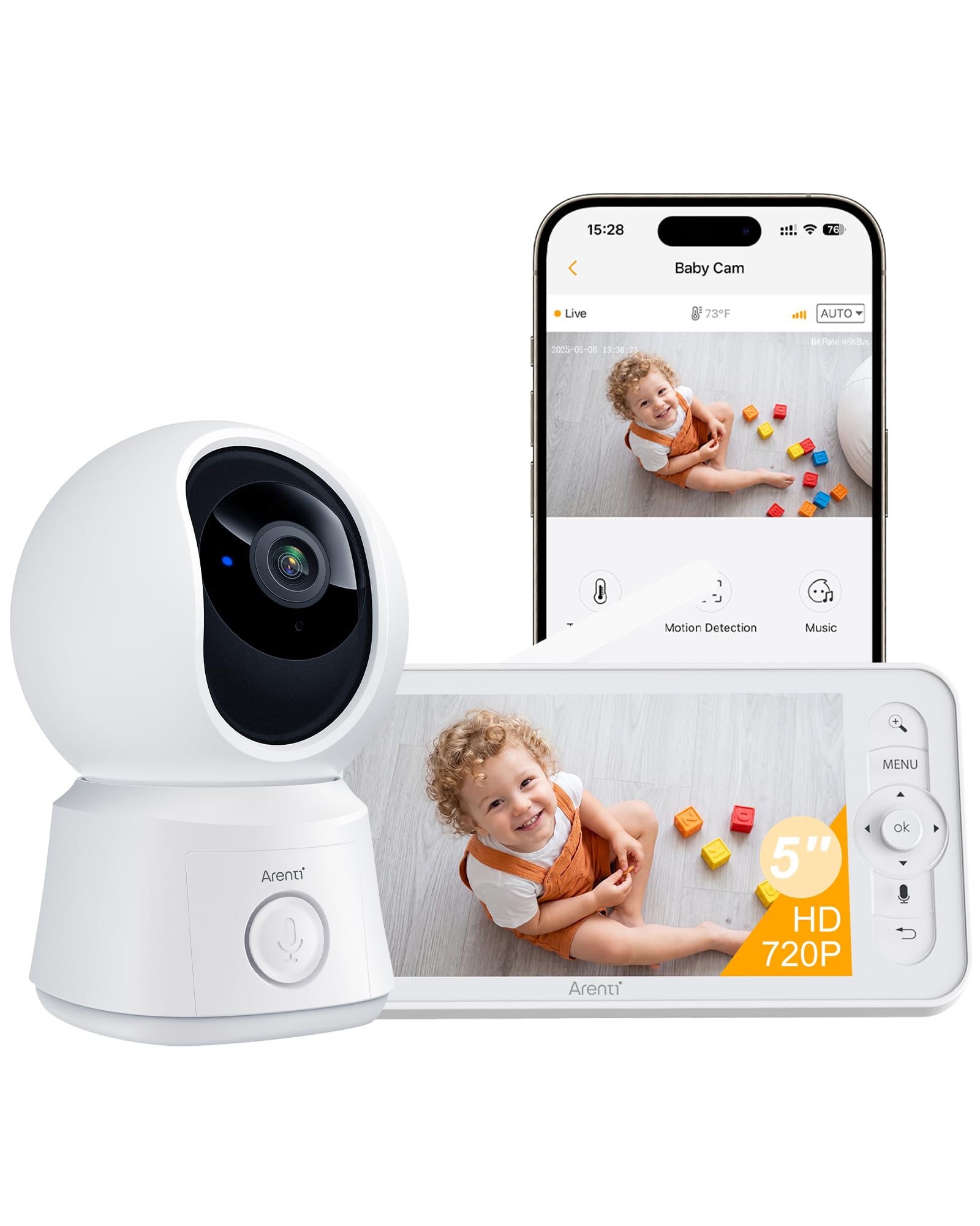 ARENTI cámara Bebe vigilancia 1080P con 5" Monitor, Vigilabebes con Camara, Detección de Movimiento y Sonido, Alarma de Área, Visión Nocturna, Modo VOX, Sensor Temperatura, Audio Bidireccional