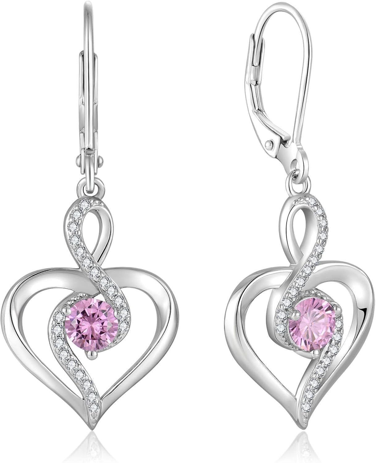 Heart Birthstone Dangle Earrings for Women, 925 Strlings Silver 5A Cubic Zircon Leveback Earrings Jewelry Birthday Gifts for Her