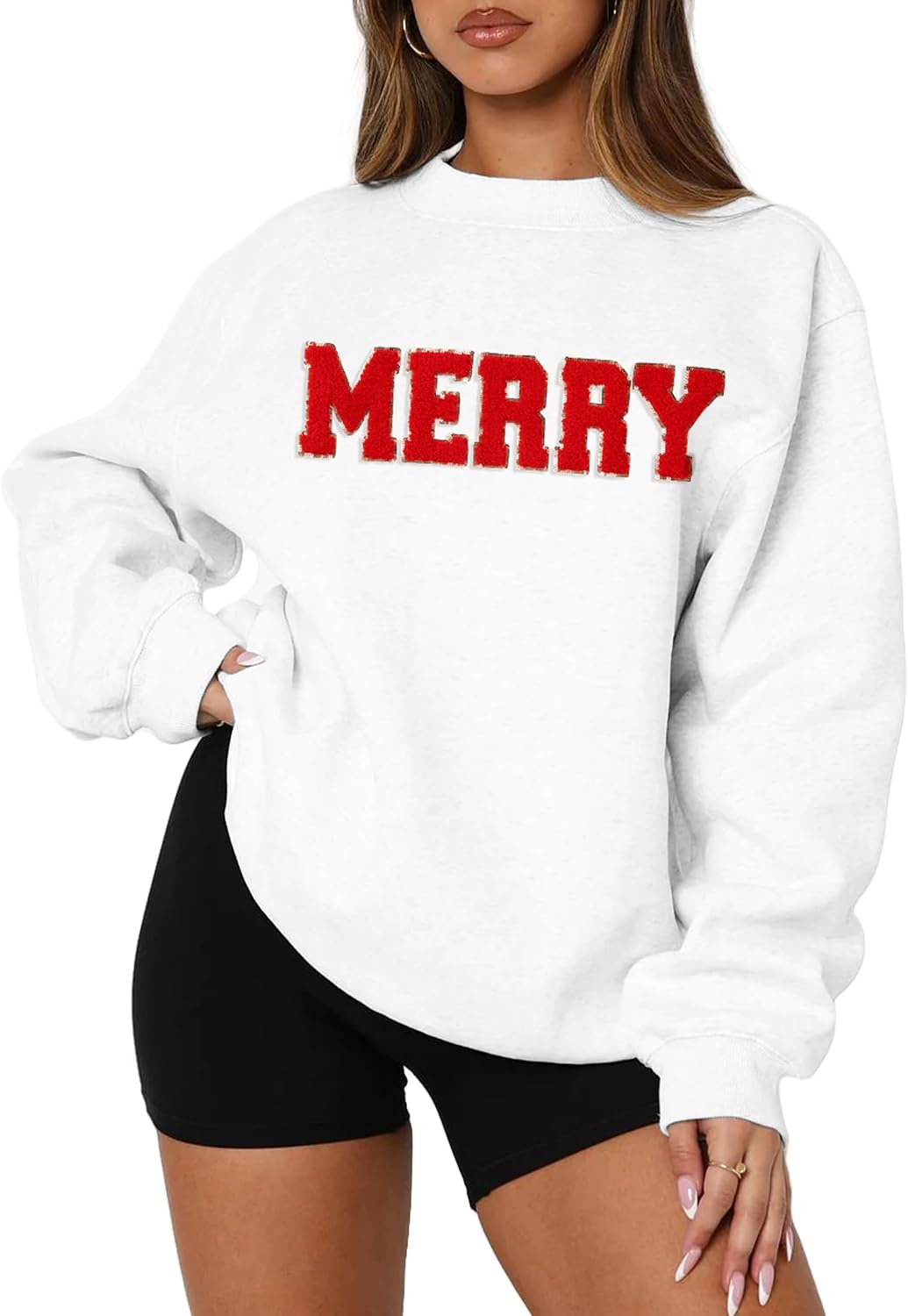 MAPICK Merry Sweatshirt for Women Christmas Fleece Linend Sequin Sweaters Crewneck Oversized Long Sleeve Pullover Tops