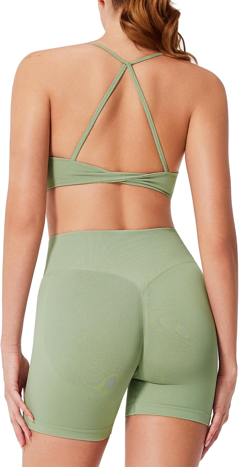 RXRXCOCO Women's 2 Piece Workout Sets Seamless Twist Back Sports Bra High Waist Butt Lifting Shorts Pilates Gym Yoga Outfits - Image 4