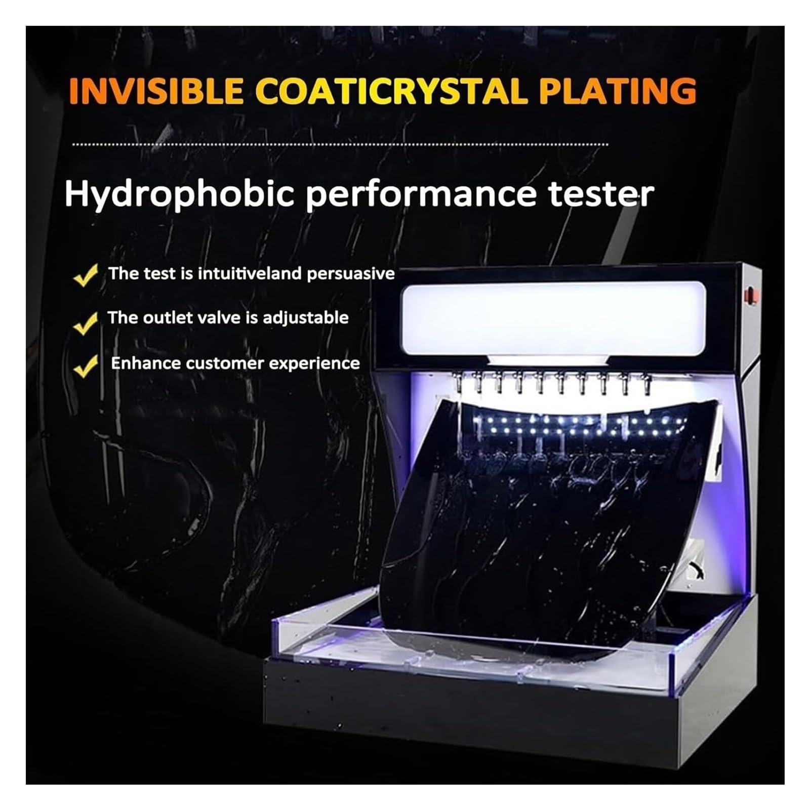 Macchina for test idrofobico, tester for idrofobicità dei finestrini dell'auto con modello di pompa e cappuccio, luce a LED, presa d'acqua in acciaio inossidabile(F)