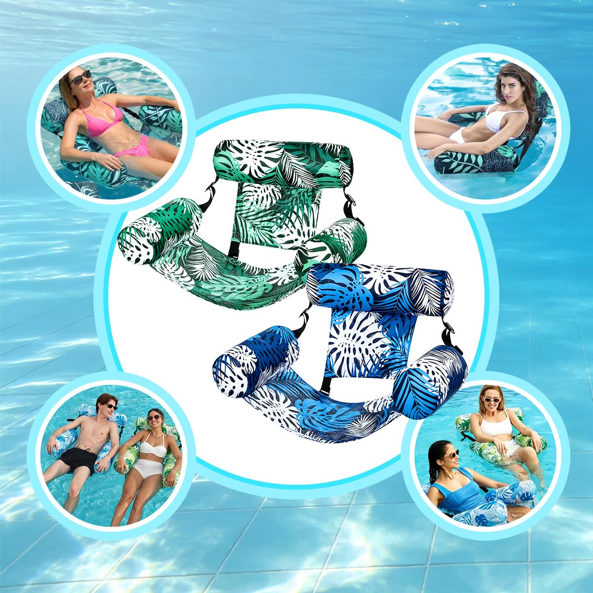 Poolsessel für Erwachsene 2er Set Aufblasbare Poolliege mit Rückenlehne Schwimmsessel für Pool Erwachsene Wassersessel Pool Liegestuhl Aufblasbarer Sessel für Pool Blau & Grün
