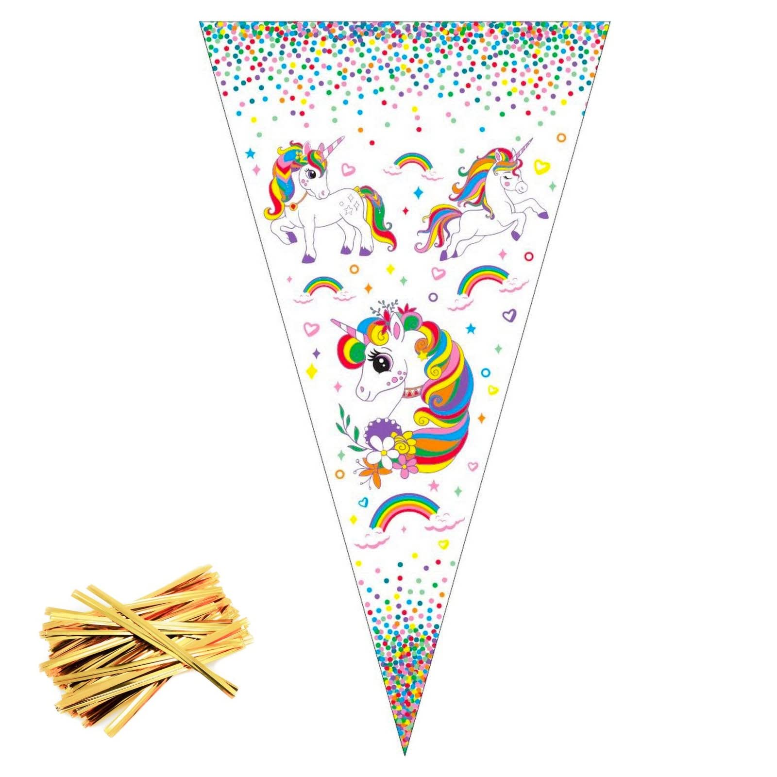 Britishpaper Unicorns 25Pcs Sweet Cone Bags With Gold Twist Ties For Birthday Party Princesses Fairies Cars Dinosaurs 300Mm X 170Mm Plastic Cellophane Cone Bags For Sweets (Unicorns)
