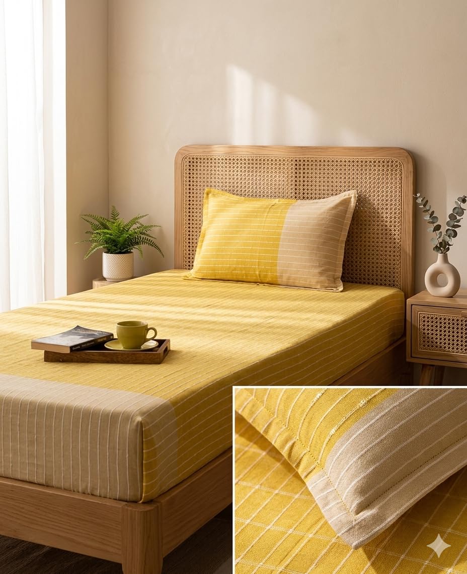 210 TC Handloom Cotton Single Bedsheet with 1 Pillow Cover | Woven Bedcover | 60 x 90 Inch | Soft & Durable | Green Striped Design | Made in India (Yellow Striped)-image-7