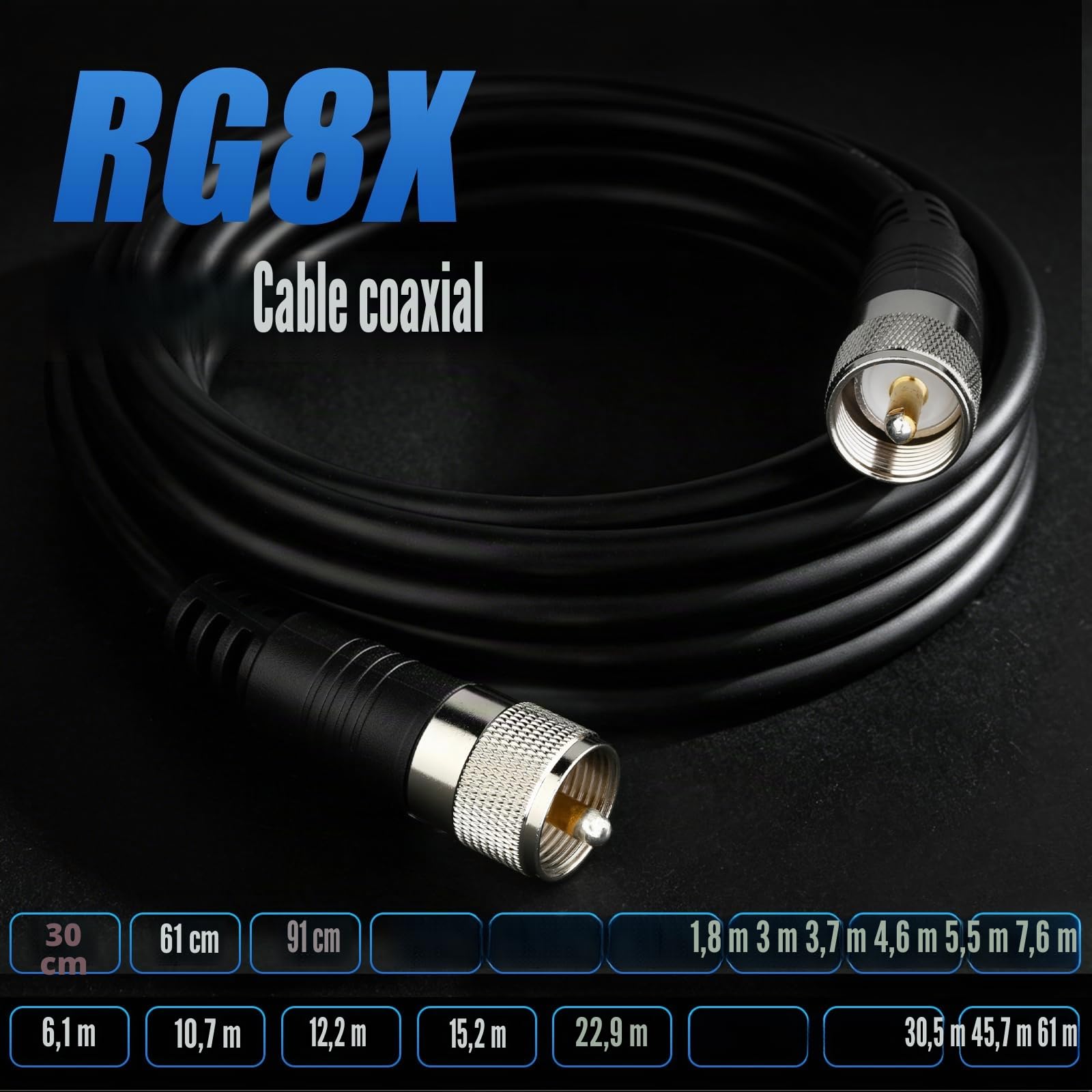 RFAdapter Cable coaxial RG8x, cable coaxial CB, 50 pies UHF PL259 macho a macho, cables de antena CB de baja pérdida, 50 ohmios para radio Ham, analizador de antena