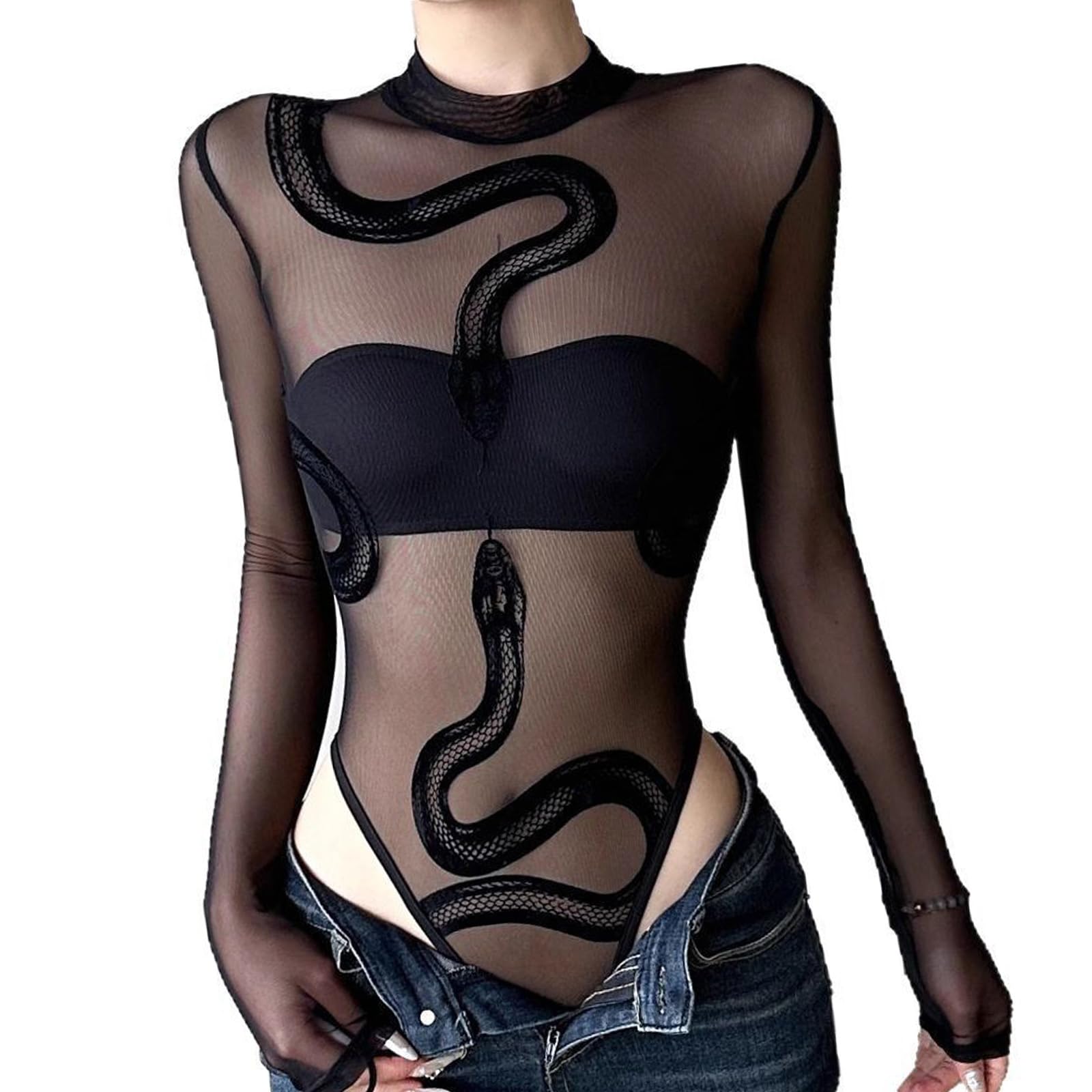Womens Mesh Bodysuit Long Sleeve Round Neck Sheer Leotards Snake Tops Clubwear Snap Crotch Women's Long Sleeve Bodysuit