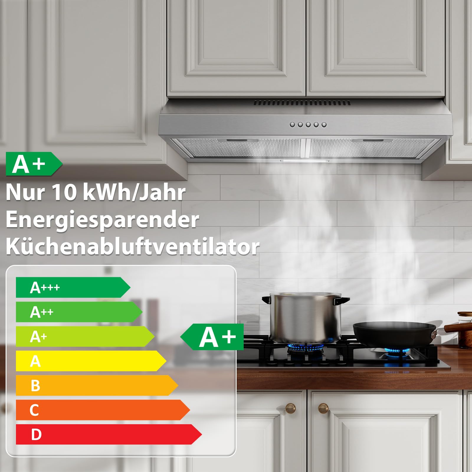TopStrong 60cm Unterbau Dunstabzugshaube, 250m³/h Slim Küchenabzugshaube, 3 Stufen, A+ Energieklasse, LED Licht, 430 Edelstahl, Umluft & Abluft Abzugshaube
