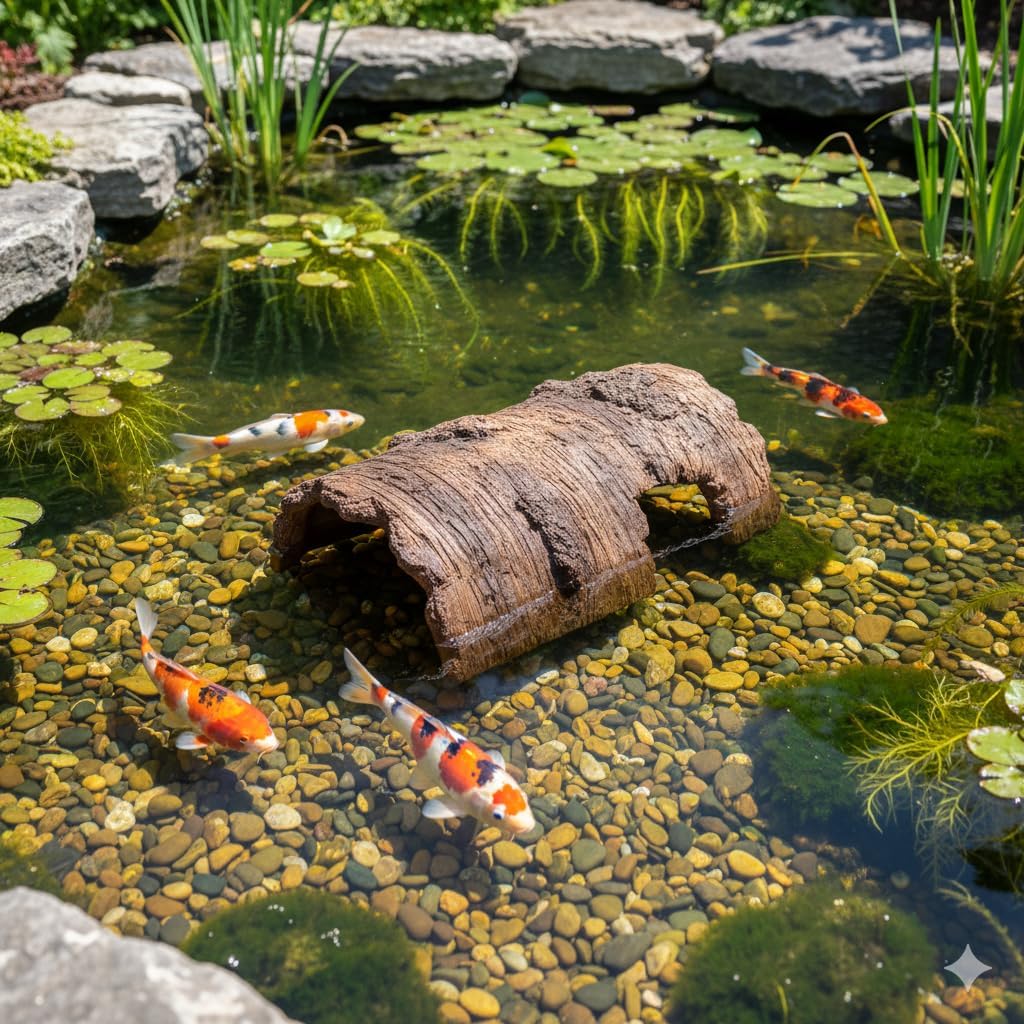 Faux Log Fish Cave for Ponds - All-Weather Aquarium Hideout & Koi Pond Decor with Predator Protection, Durable Shelter for Outdoor Ponds, Fish Tanks and Terrariums, 19''.
