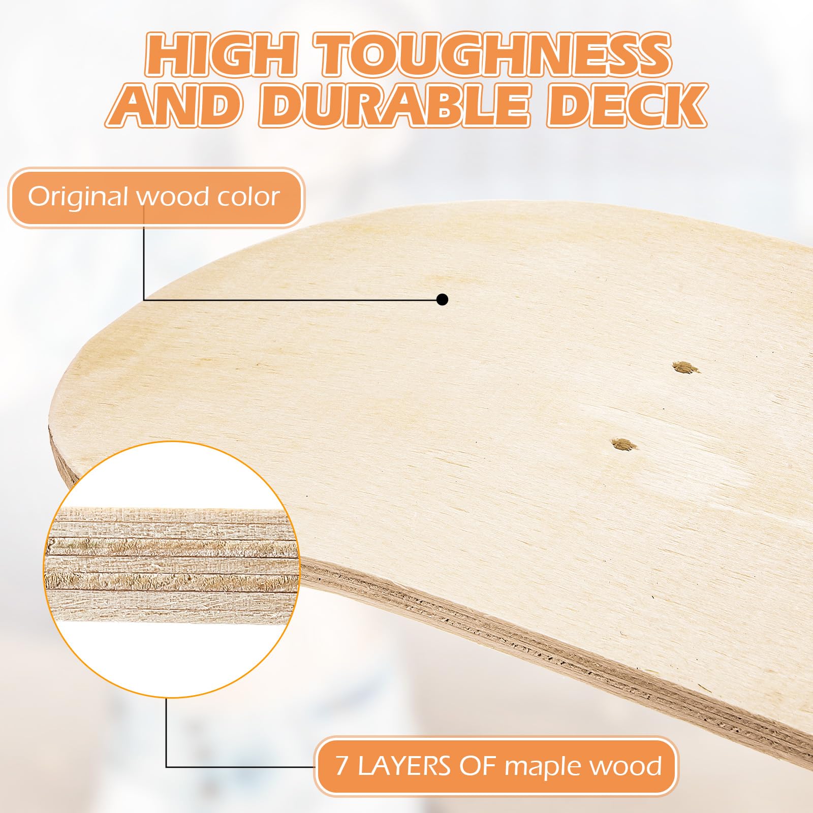 Honoson Planche de skateboard vierge en érable 7 plis en bois naturel double queue unie concave légère pour art peinture décoration d'intérieur