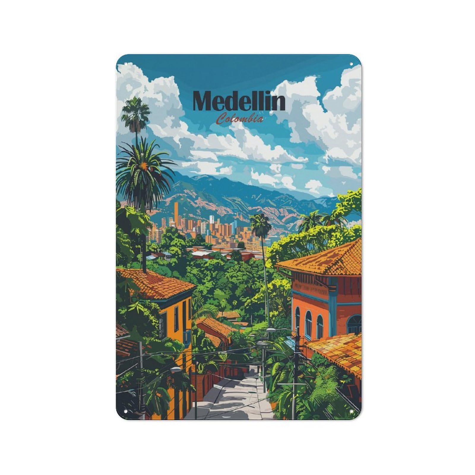 Junmoney Style-16 Metal Wall Sign 30X20cm Featuring Medellin Cityscape For Café Or Home Bar, A Decorative Gift For A Newly Furnished Café And Home Bar
