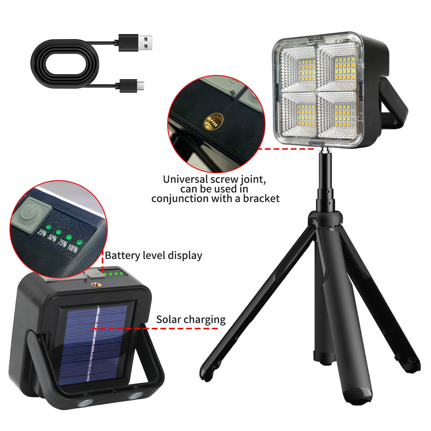 1 luz LED portátil para camping, carga solar, luz recargable por USB, negro, 500 lúmenes, impermeable, estilo moderno, uso al aire libre