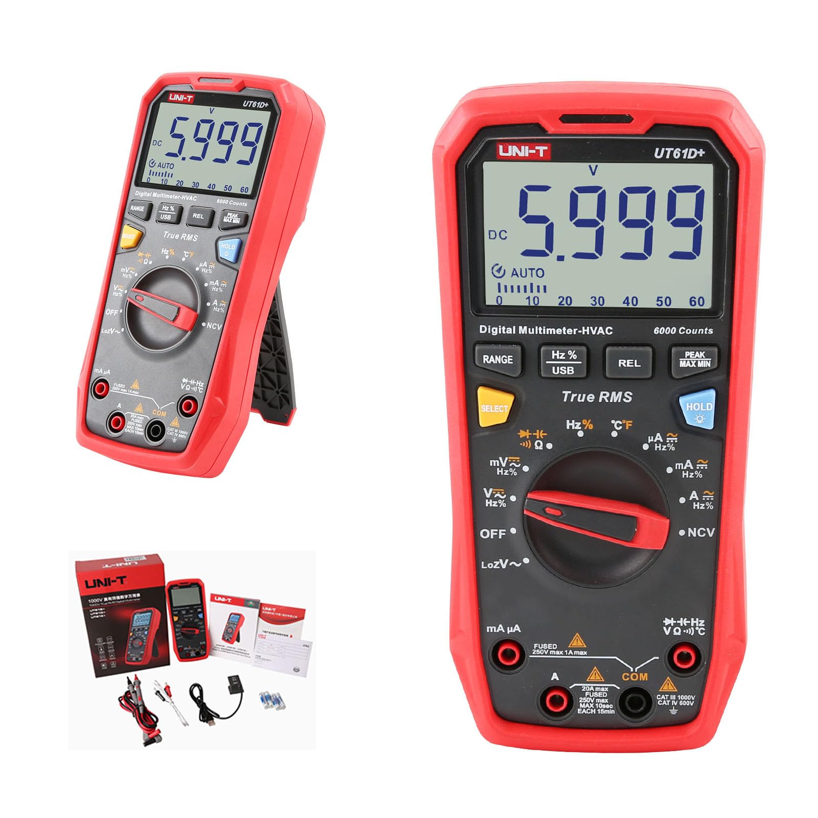UNI-T UT61D+ 1000V 20A Multímetro digital 6000 cuentas True RMS Voltaje AC/DC Corriente Resistencia Tester