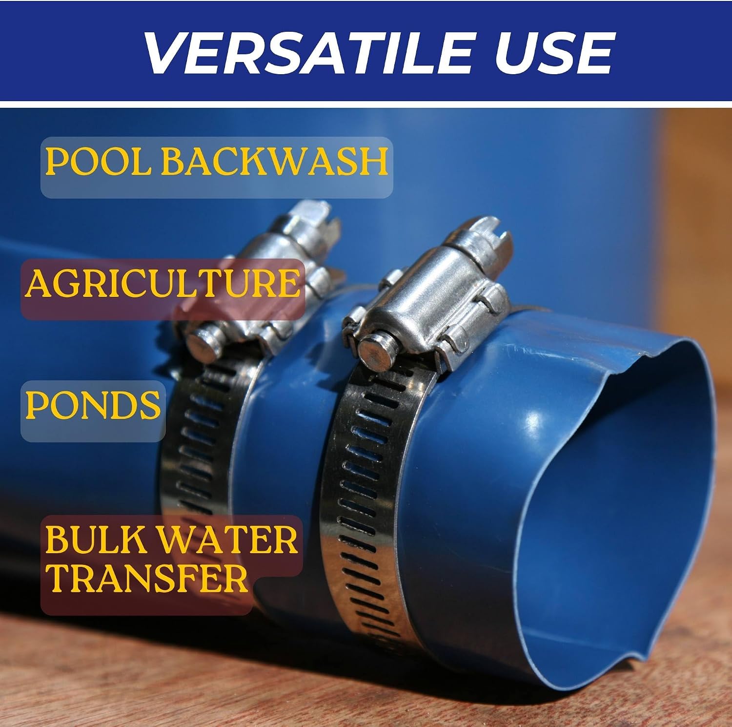 Ganador Backwash Hose 2" Diameter x 100' Long. Heavy Duty Lay-Flat Drainage Tube 2in x 100ft for Water Discharge/Disposal with 4 Hose Clamps (BONUS!) - Fluid Transfer, Waste Water - Compact Storage