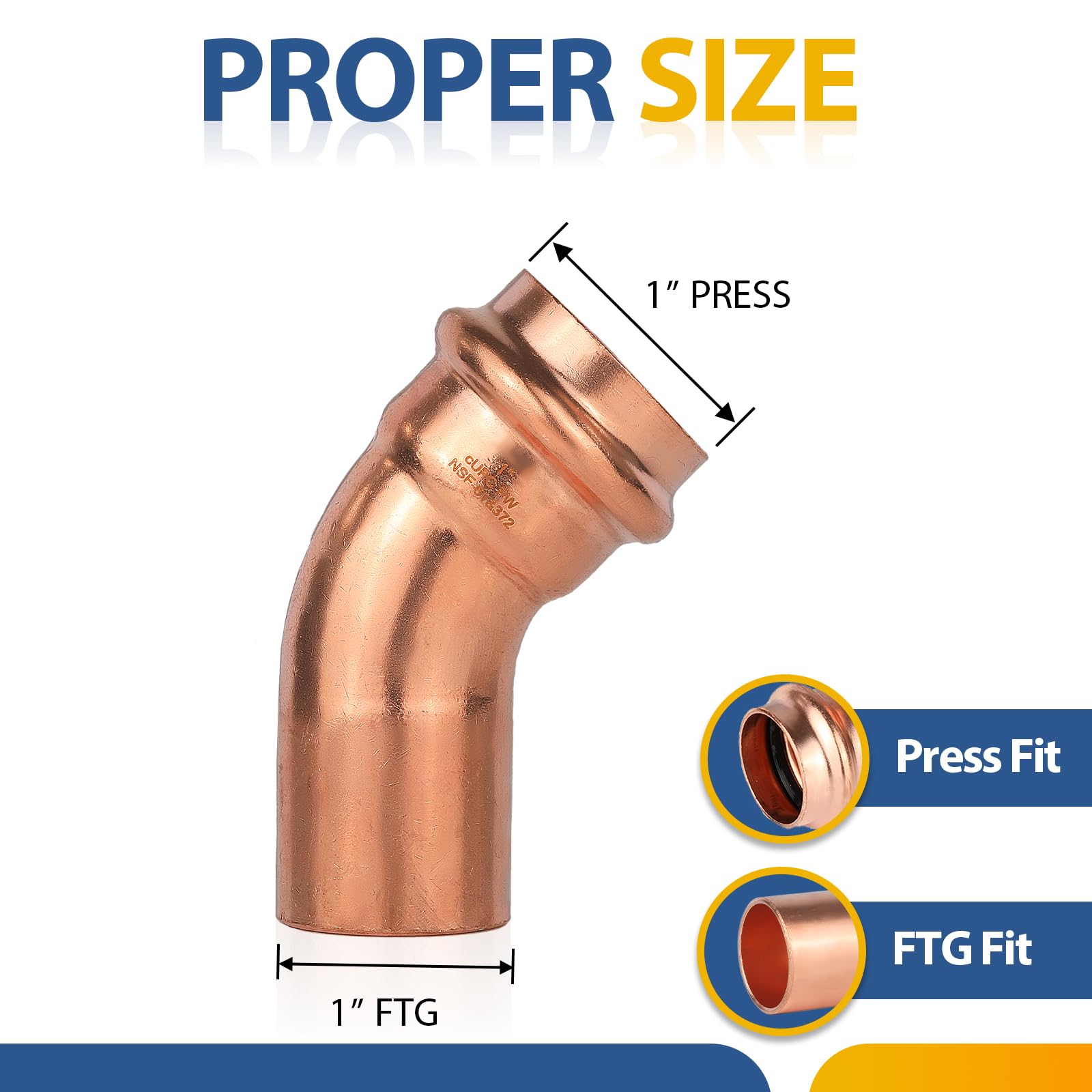 (Paquete de 30) Conectores de Codo de Calle GUOFIS Copper Press LF, Codo de 45 Grados de Ajuste a presión de 1" FTG x 1" para conexión de tubería de Cobre (PRESS039-30Pack)