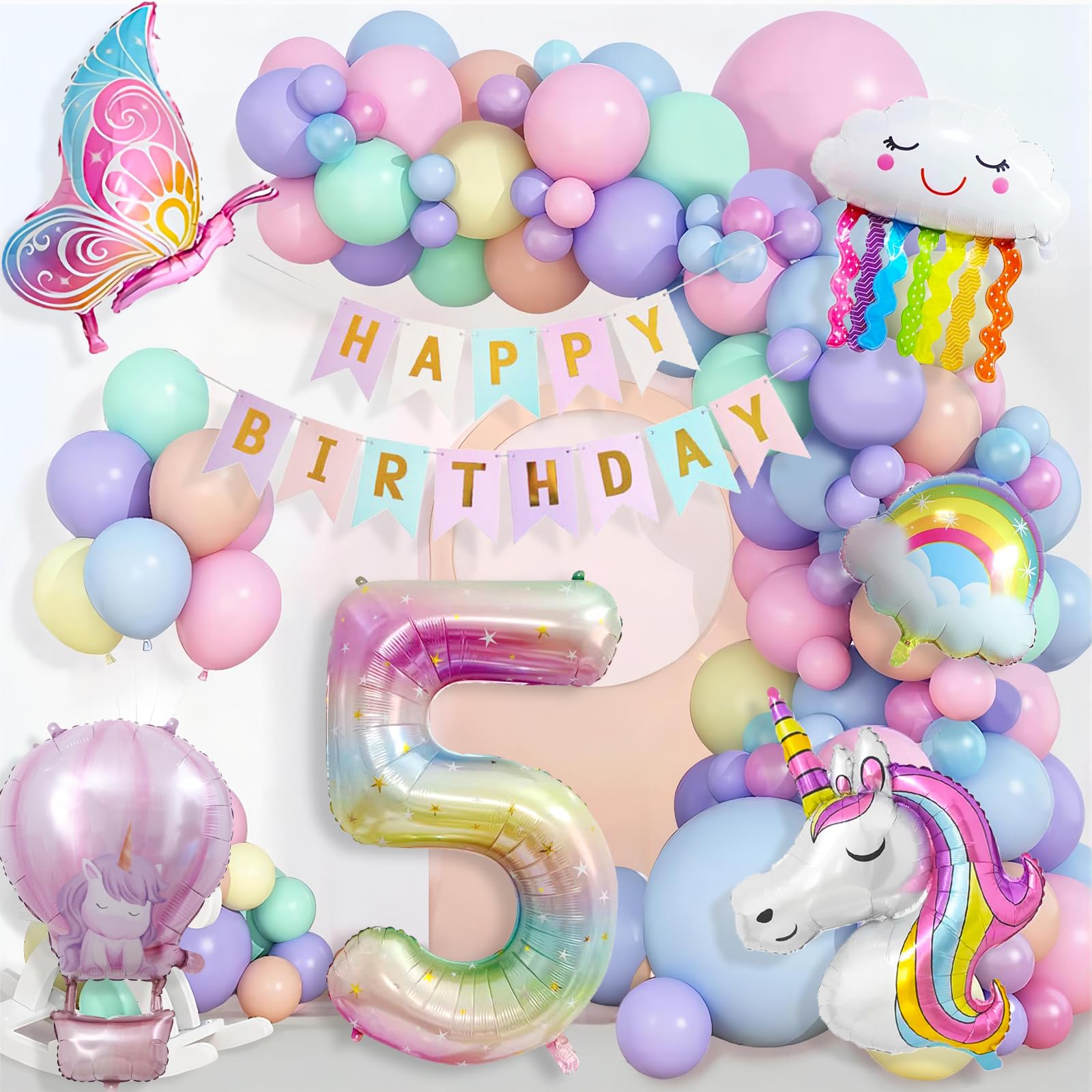 Einhorn Geburtstagsdeko Mädchen 5 Jahre, Kindergeburtstag Luftballons, Happy Birthday Banner, Schmetterling Folienballon, 5. Geburtstag Mädchen Deko