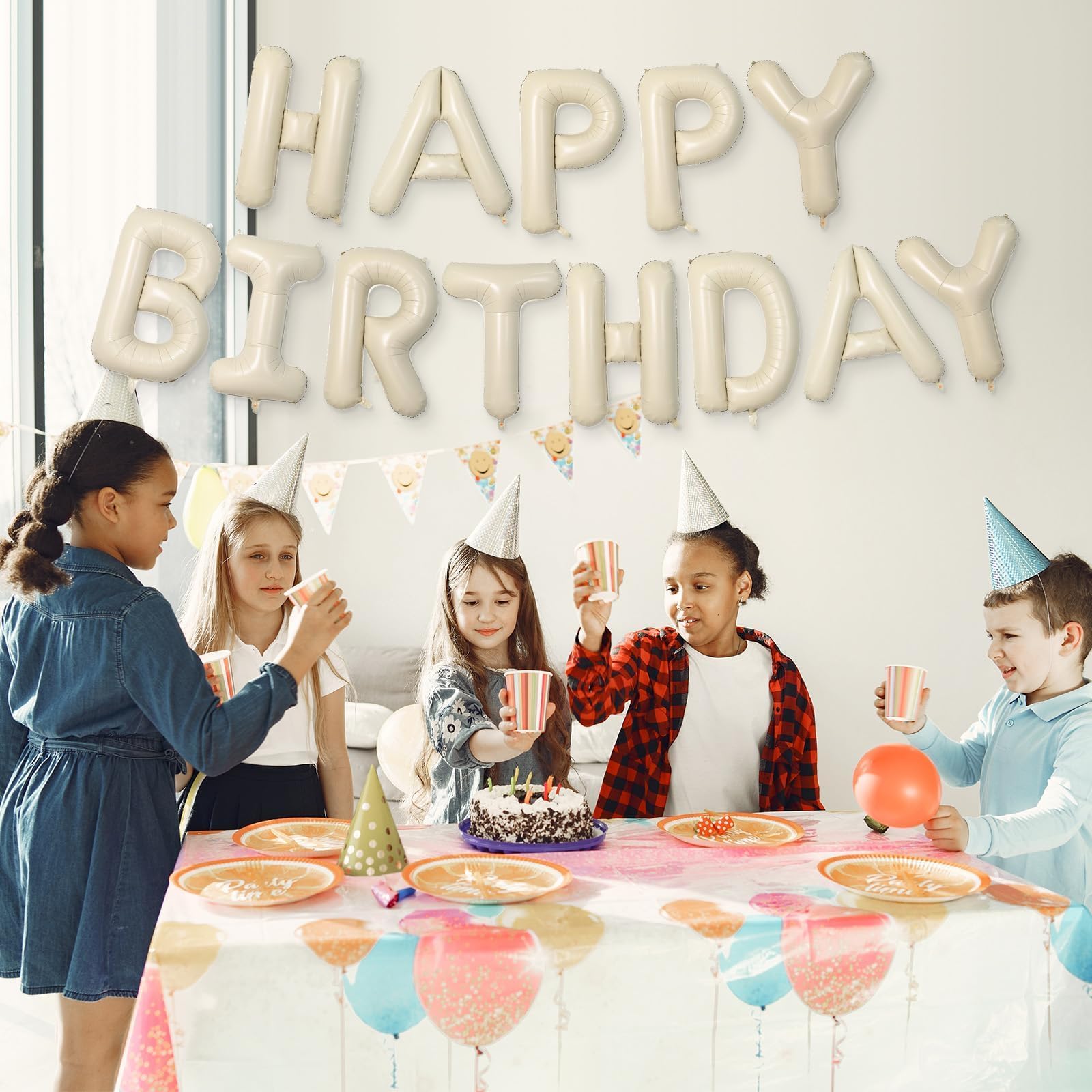 Happy Birthday Globos Banner Beige, 16 pulgadas Crema Blanco Mylar Papel Letras Cumpleaños Cartel Banner Banderín para Niños Niñas Hombres Mujeres Cumpleaños Fiesta Accesorios Decoración
