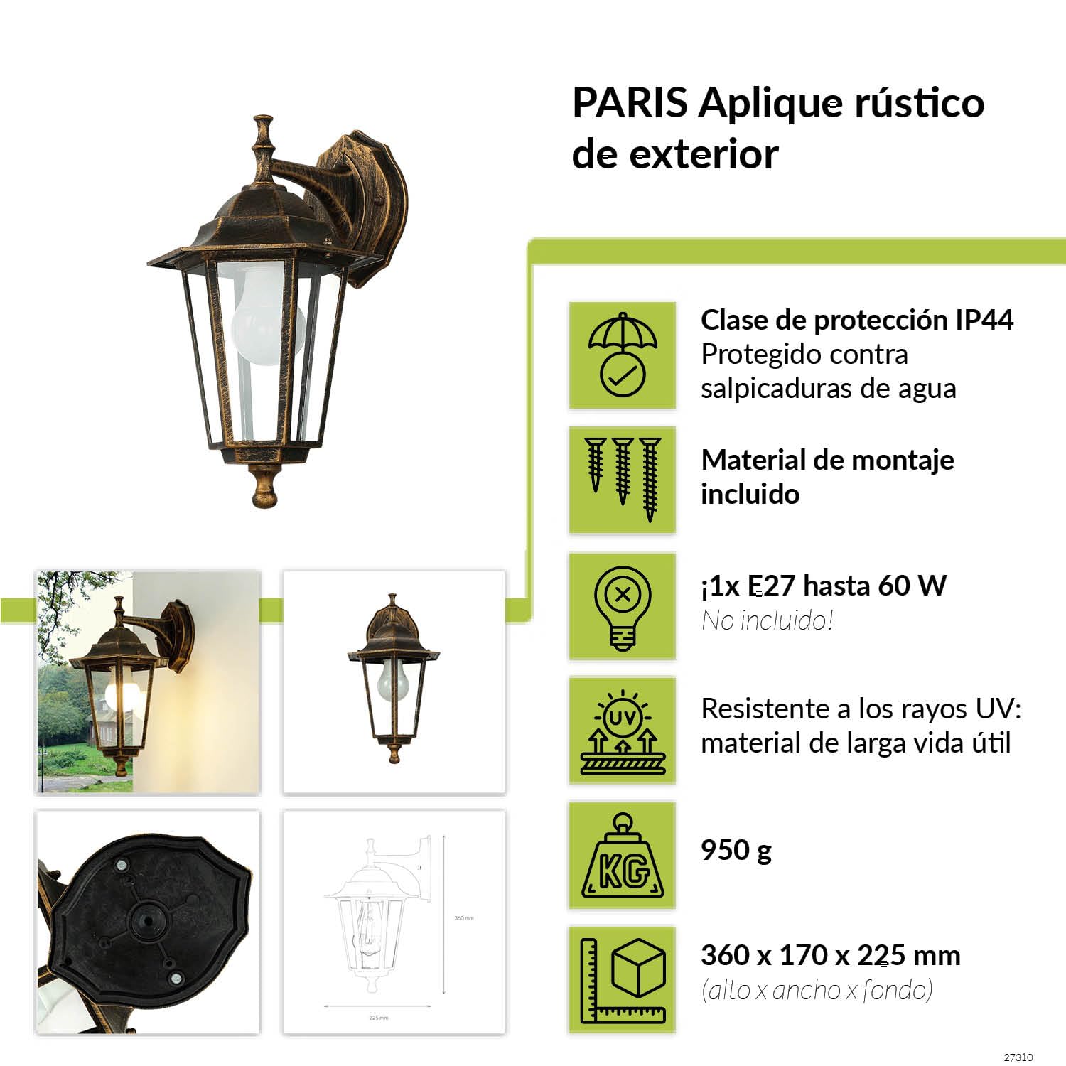 Easylight Lámpara de pared exterior de vidrio y aluminio en cobre antiguo, IP44, para puerta de entrada y terraza, 17 cm de ancho, E27, farol rústico antiguo, PARIS