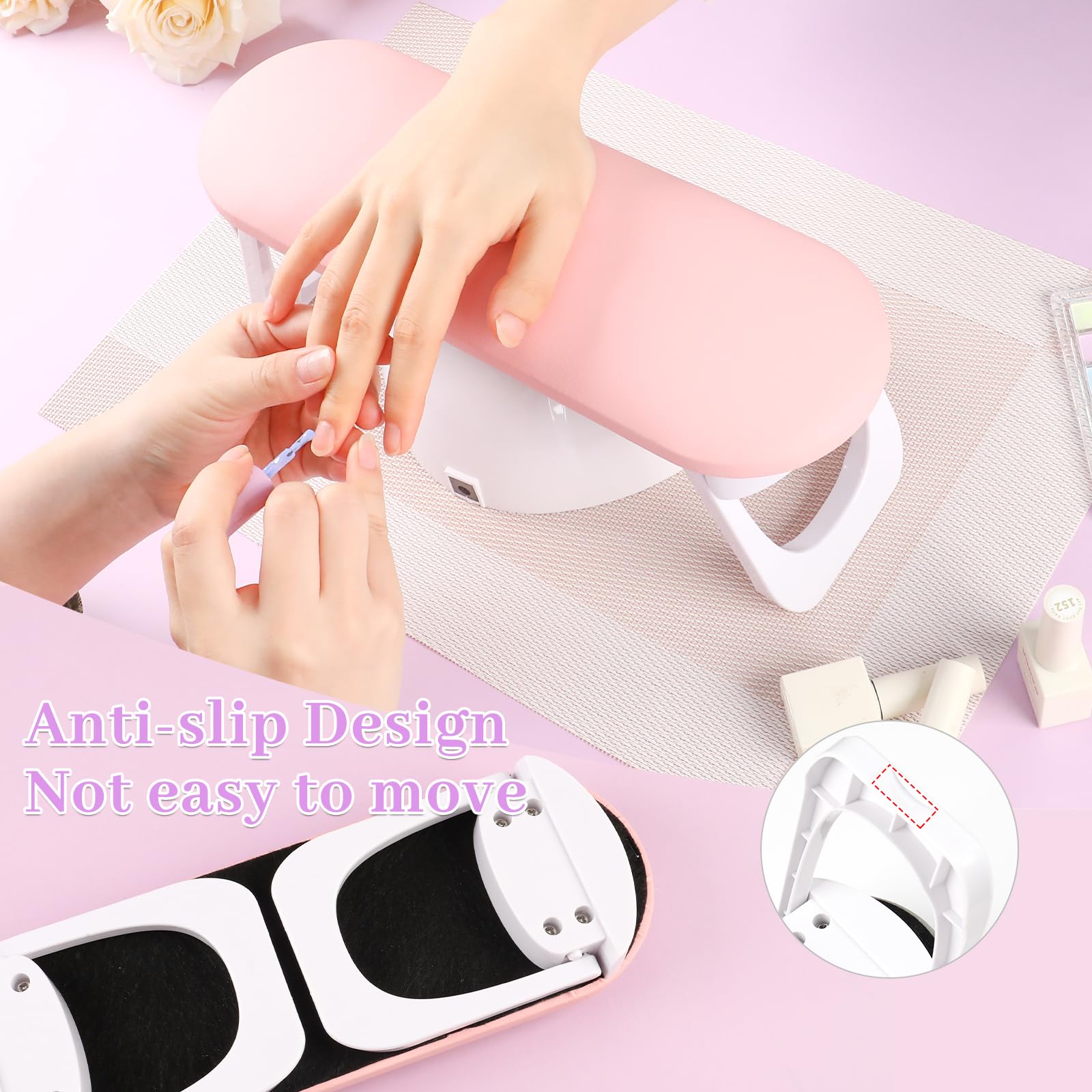 Reposabrazos para uñas, profesional plegable de piel sintética con mantel de PVC para uñas acrílicas, almohada de mano suave antideslizante para uso en salón de manicura (rosa superior)