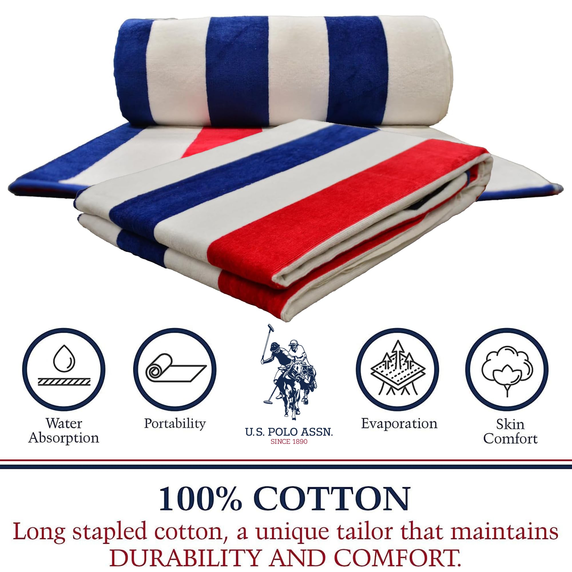 U.S. Polo Assn. Telo mare oversize (101,6 x 177,8 cm) a righe con design nautico - Lussuoso cotone felpato di qualità alberghiera per bagno, piscina - Cabana Stripe Navy/Rosso