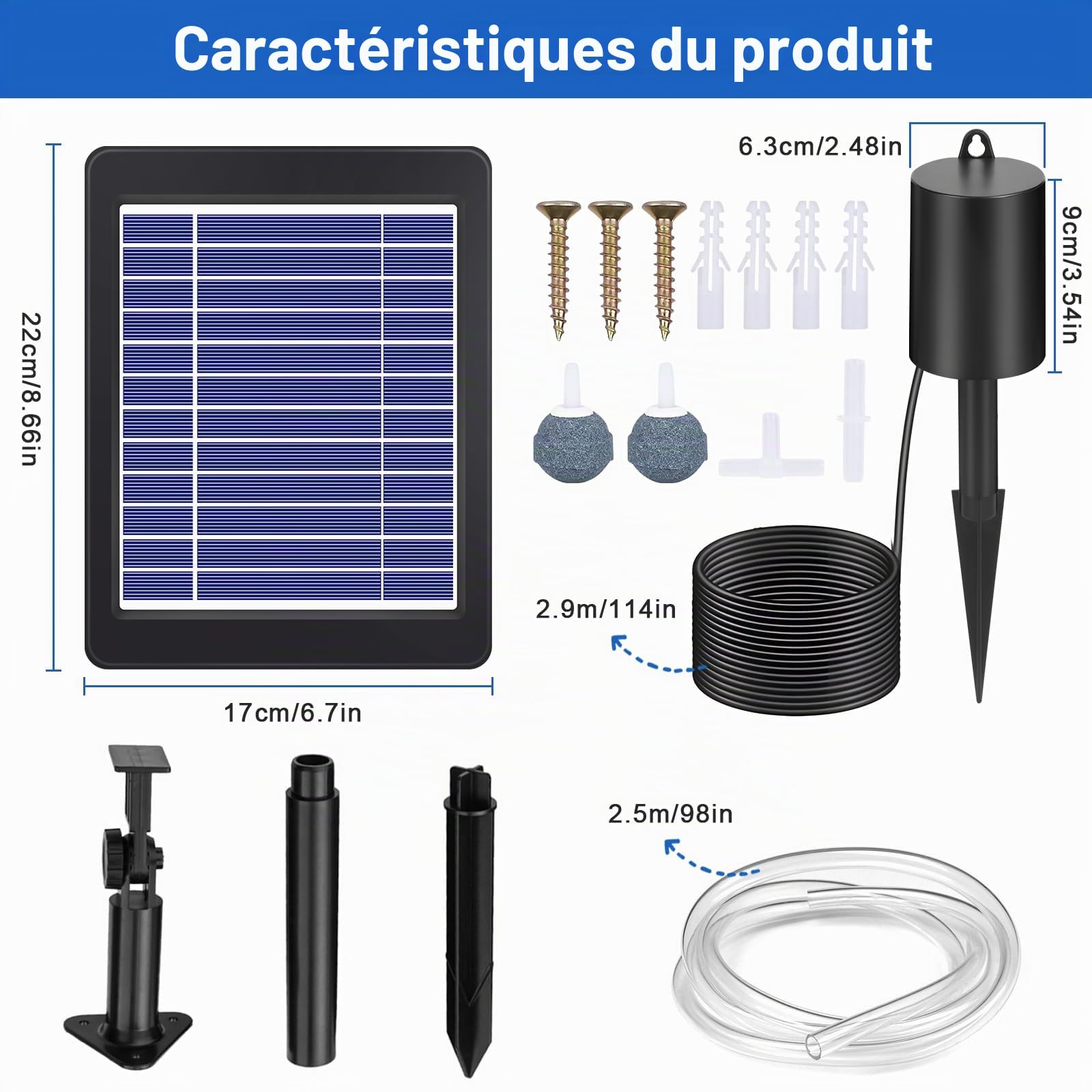 GuKKK Kit de Pompe à air à énergie Solaire, Pompe à oxygène Solaire pour Aquarium 4 W, aérateur Solaire de Bassin, tuyaux et Pierres de Ventilation, pour Aquarium, étang de pêche