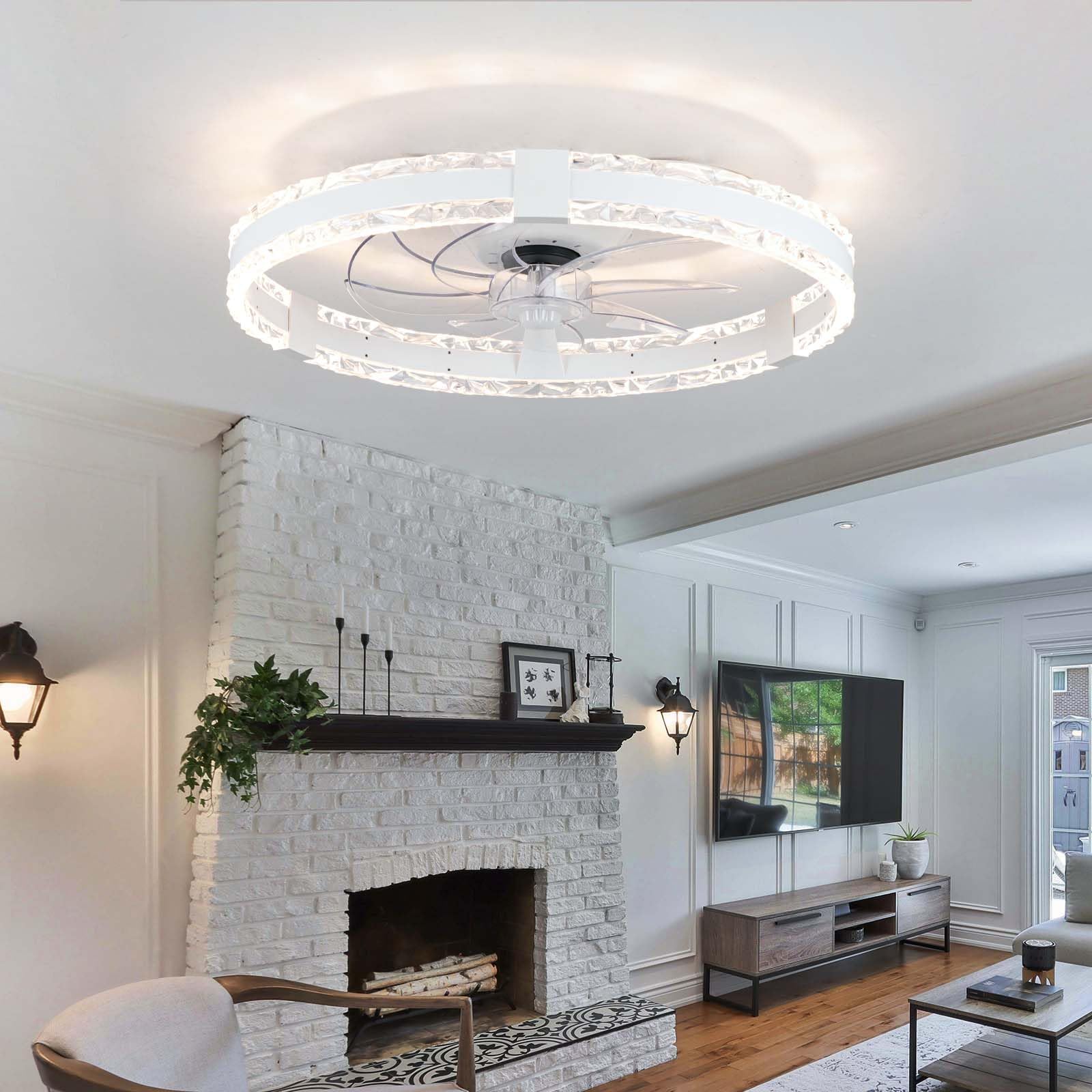 Lustre Ventilateur De Plafond LED, Abat-jour En Acrylique, Moteur DC 6 Vitesses Réversible Avec Télécommande, Ventilateur Silencieux Plafond Pour Chambre Et Salon-White