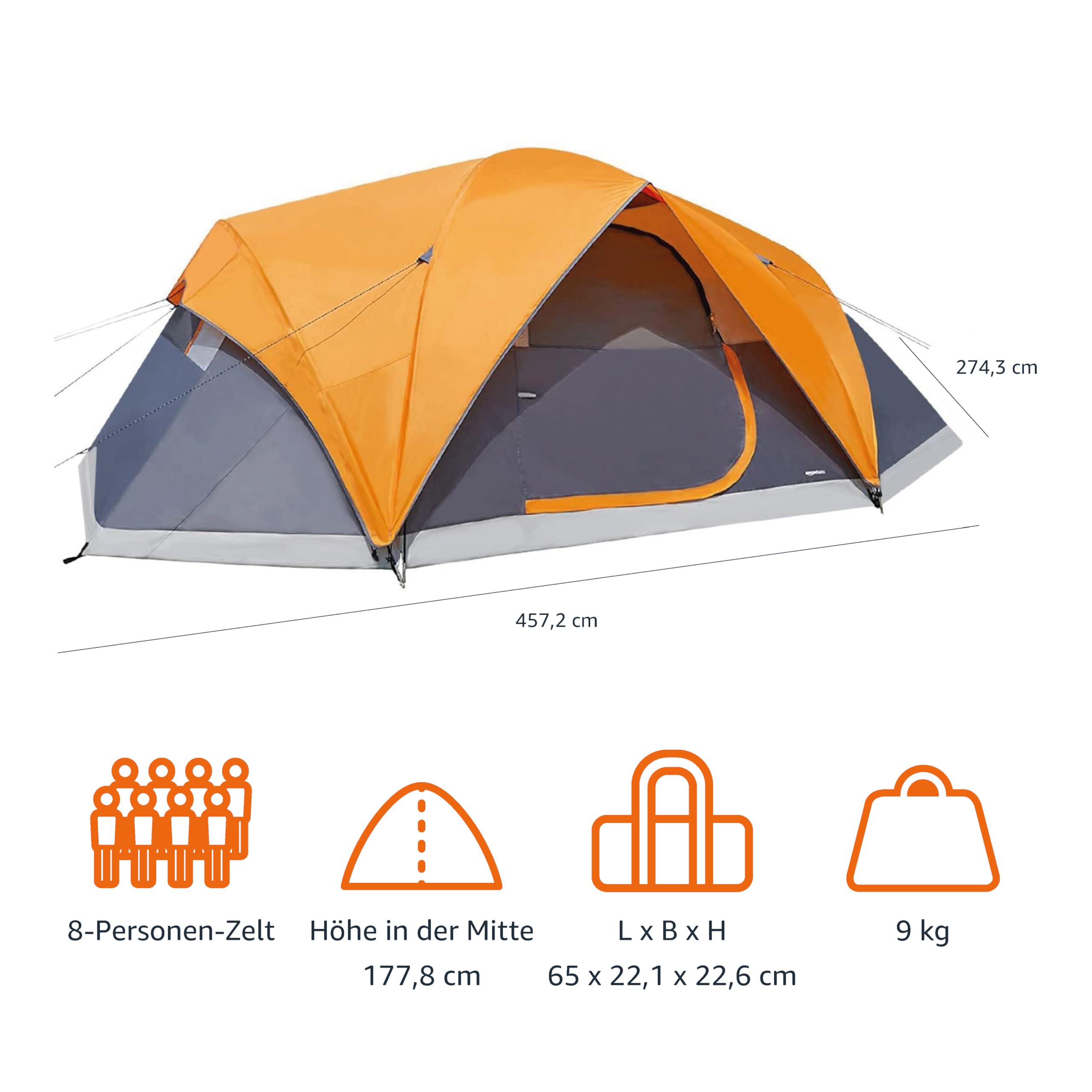 Amazon Basics Kuppelzelt für Camping mit Regenschutz und Tragetasche, wasserdichtes 3-Jahreszeiten-Zelt, einfach aufzubauen, 6 Personen