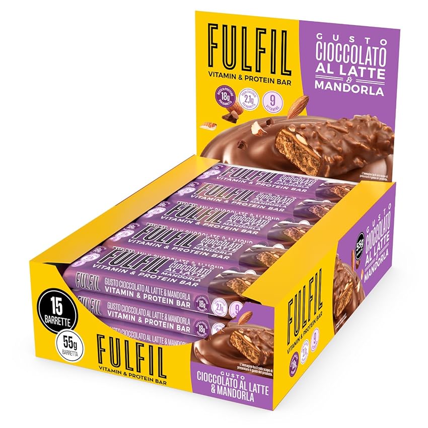FULFIL - 15 Barrette Proteiche da 55 Grammi, Gusto Cioccolato al Latte e Mandorla con 9 Vitamine e Pochi Zuccheri, Confezione da 825 Grammi