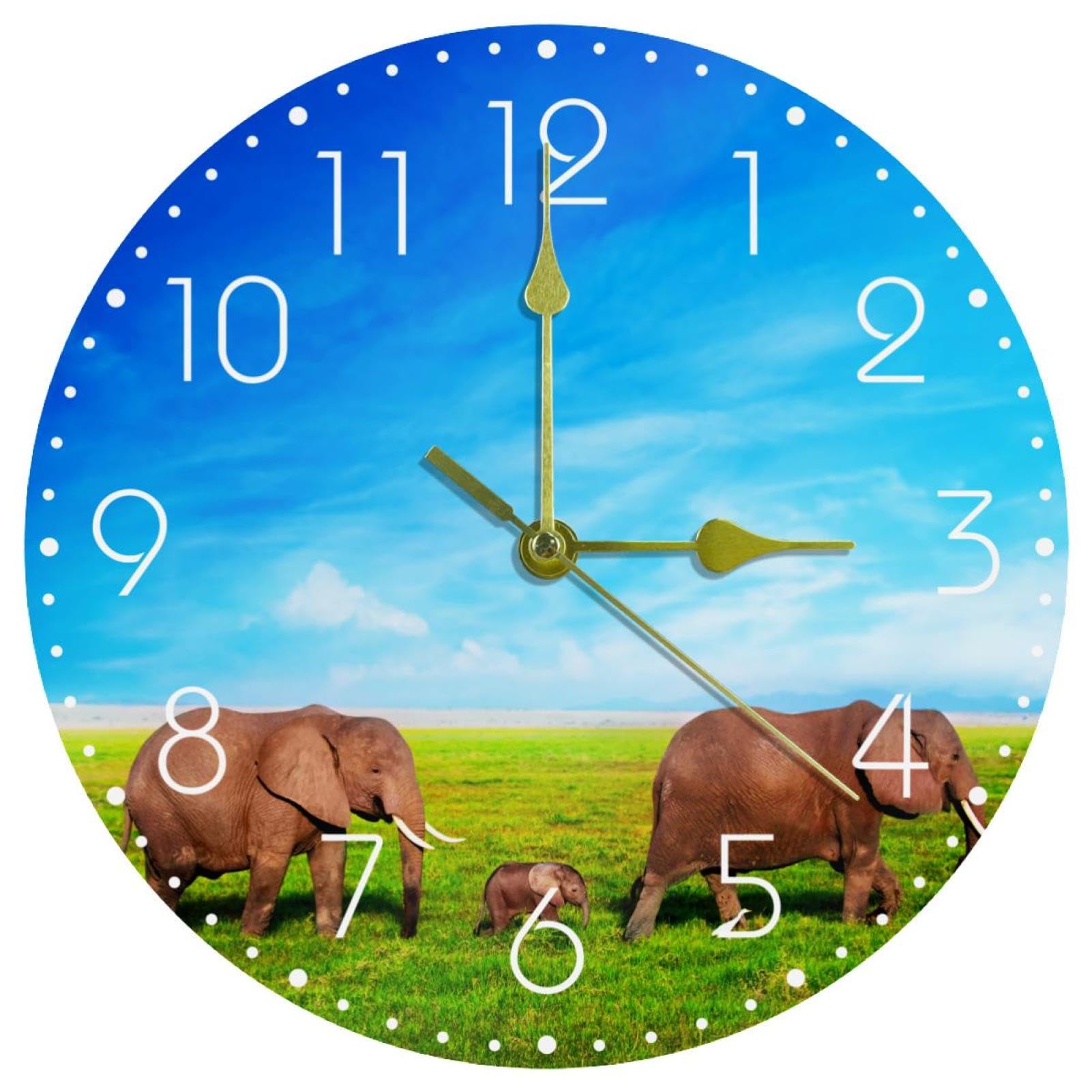 Horloge ronde silencieuse déco éléphant pour cuisine et salon