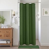 Vista 32 de KOUFALL Cortina de ducha verde para baño, juego de cortina de ducha de lino bohemio lavable e impermeable con ganchos, 72 x 72 pulgadas de largo