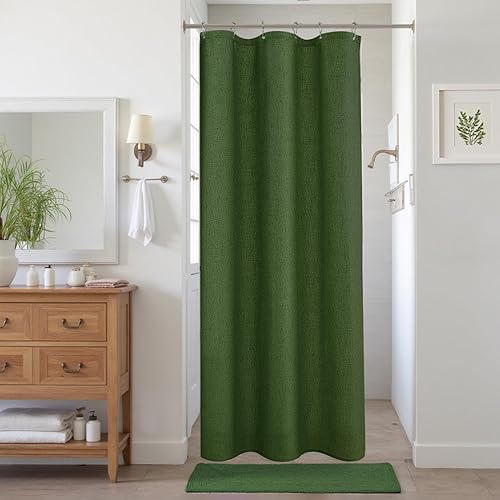 Miniatura 32 de KOUFALL Cortina de ducha verde para baño, juego de cortina de ducha de lino bohemio lavable e impermeable con ganchos, 72 x 72 pulgadas de largo