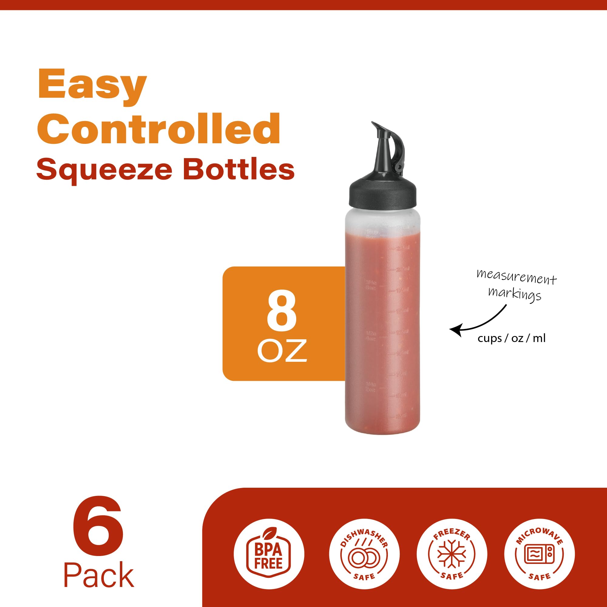 MIGHTY STRONG Paquete de 6 botellas exprimibles de condimentos de 8 onzas, botellas de salsa fáciles de verter con tapa a prueba de fugas, botellas de plástico para salsas, botellas de condimentos,