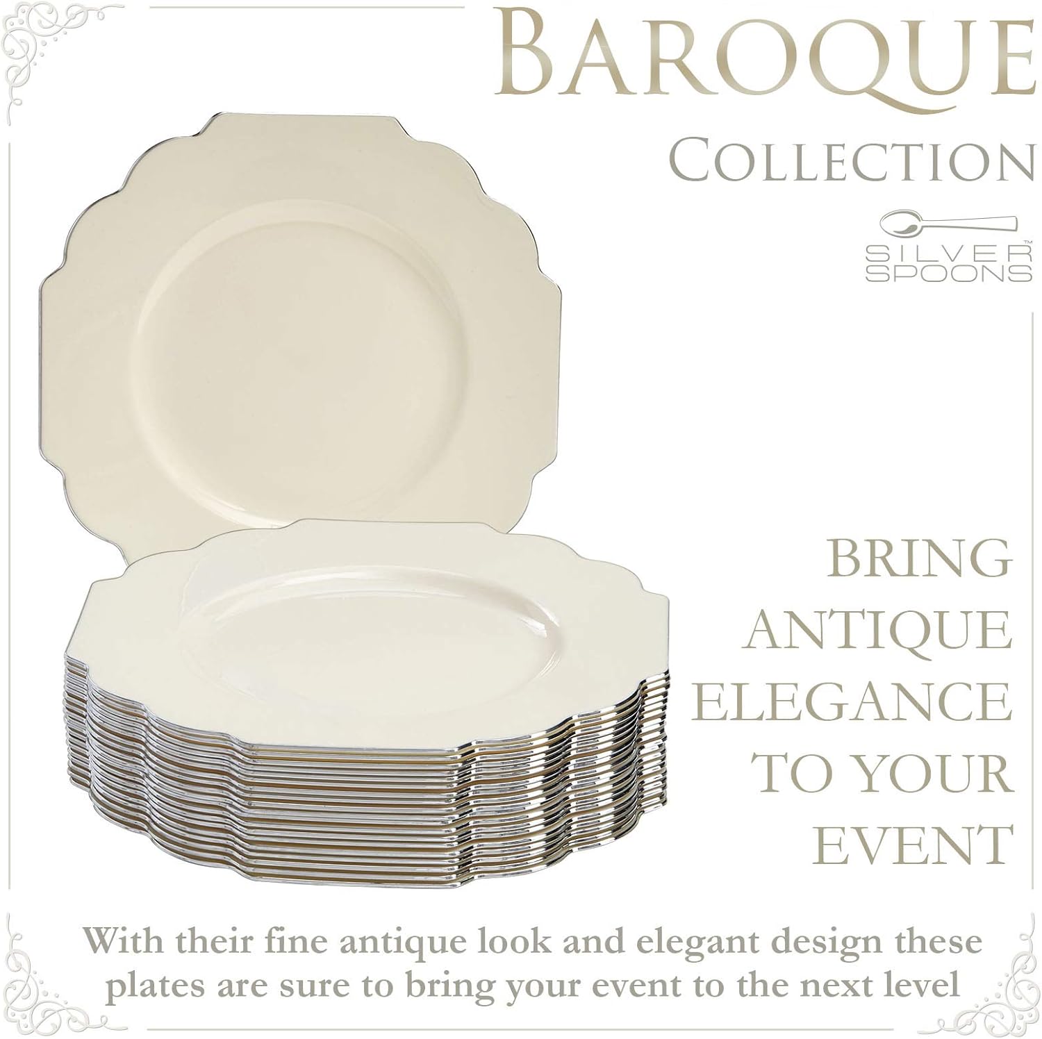 SILVER SPOONS Elegant Plastic Plates for Party with Scalloped Rim (10 PC), Disposable Heavy-Duty Dessert Plates for Wedding Reception - 6”, Fancy Plastic Dinnerware Sets with Silver Edge - Ivory - Image 3