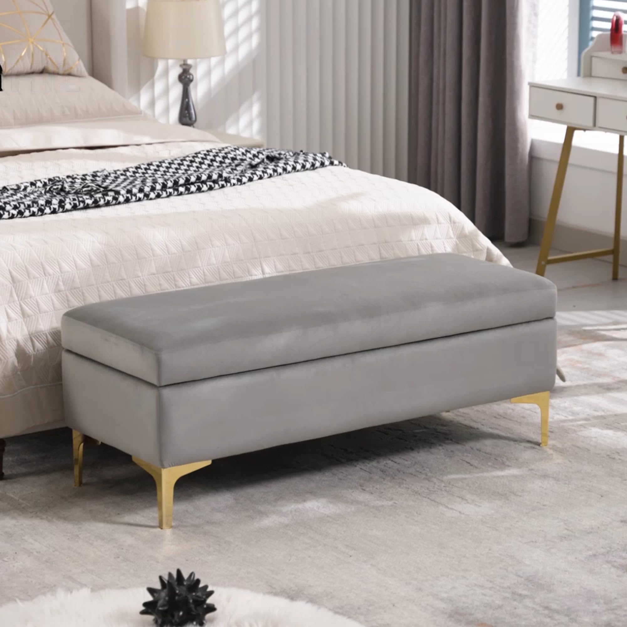 DAGONHIL 46” Storage Ottoman Bench End of Bed Bench Upholstered Foot Rest Rectangular Storage Chest Velvet Footstool for Living Room, Bedroom, Entryway(Gray)