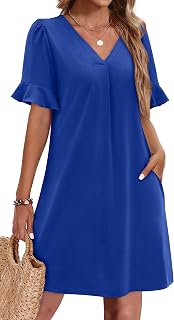 Summer Dresses for Women Ruffle Short Sleeve V Neck Casual Shift Dress with Pockets