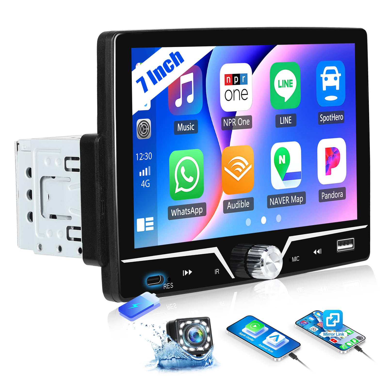 CAMECHO 1 DIN Carplay Bluetooth Radio 7 Pulgadas con Cámara Trasera, Pantalla Táctil HD Wired Android Auto Autoradio con FM EQ-Ton Control en el Volante USB Mirror Link