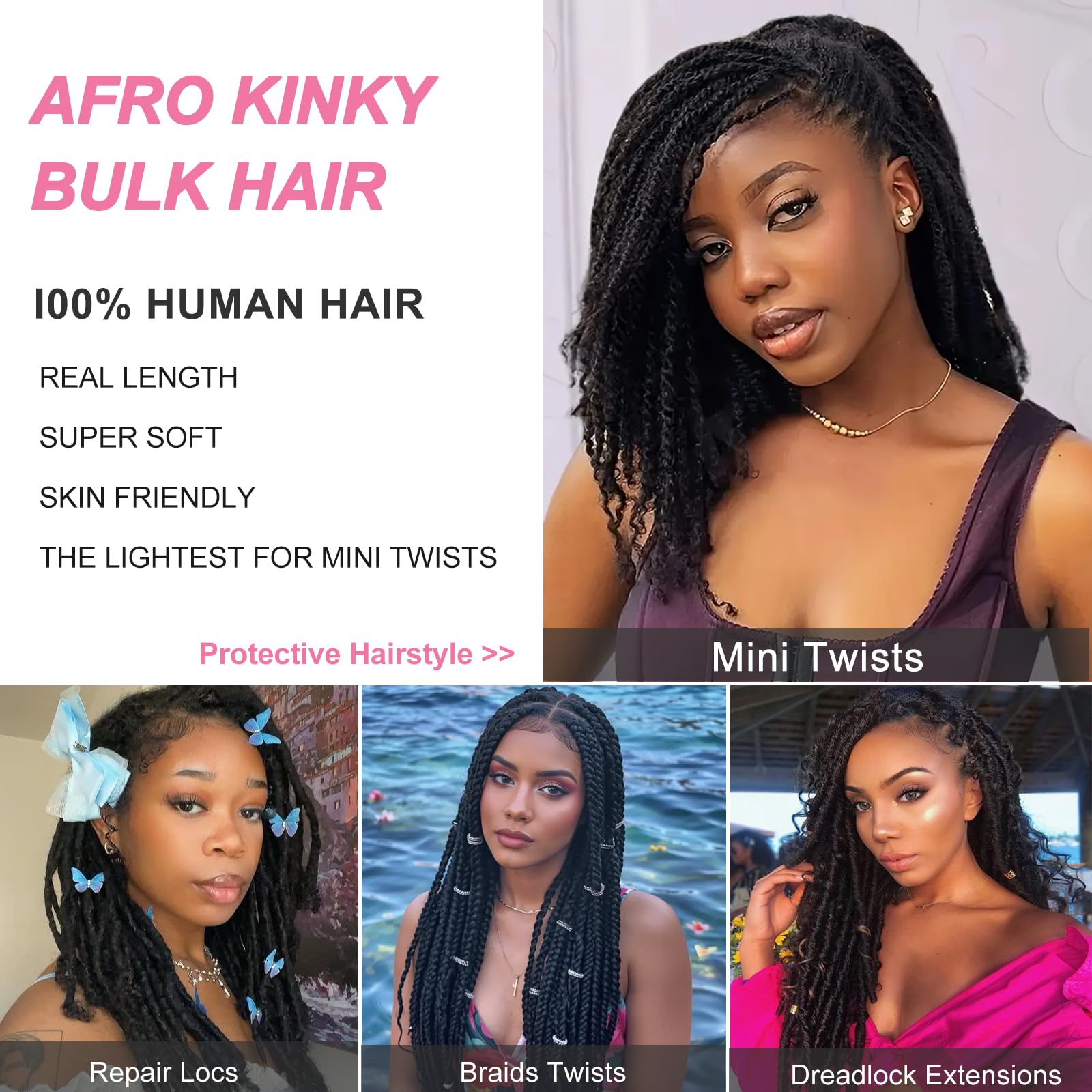 Dilekay 2 paquetes de cabello humano afro Kinkys de 55,8 cm, 100 g, suave 4C, afro rizado a granel, para extensiones de rastas, reparación de rastas, cabello afro rizado, a granel, negro natural