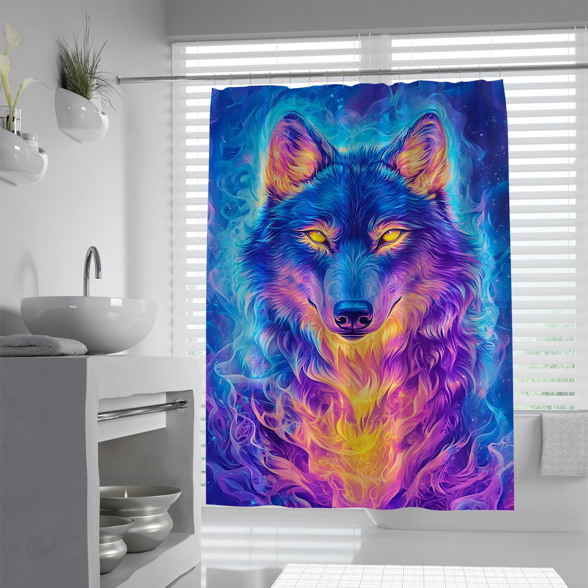 UIRINGART Vibrant Psychedelic Wolf Shower Curtain W160xL200cm Mystical Colorful Wildlife Art Print Polyester Anti-mould Lightweight Machine Washable Hotel Bath Curtain with Hooks