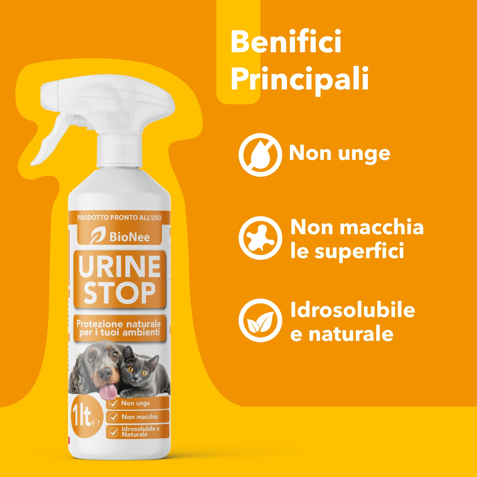 Bionee Urine Stop Spray Naturel pour Chiens et Chats 1L - Double action : Dishabituant aux Agrumes + Élimine les odeurs - Prêt à l'emploi, pas de taches, sûr pour les environnements intérieurs et