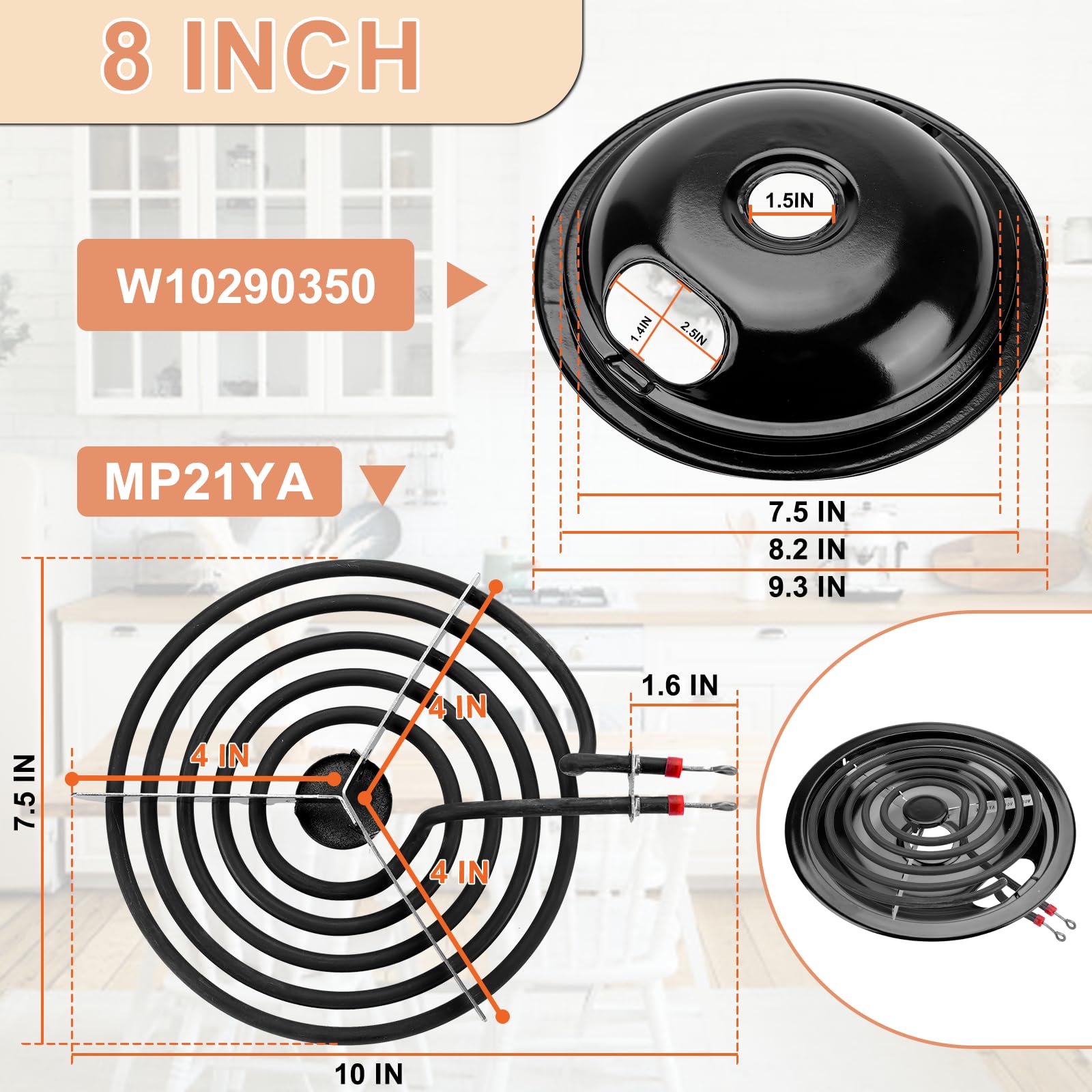 Cenipar W10290350 W10290353 - Juego de quemadores de porcelana negra y quemador eléctrico MP22YA, compatible con horno/estufa Whirl-pool Frigi-daire Ama-na Range