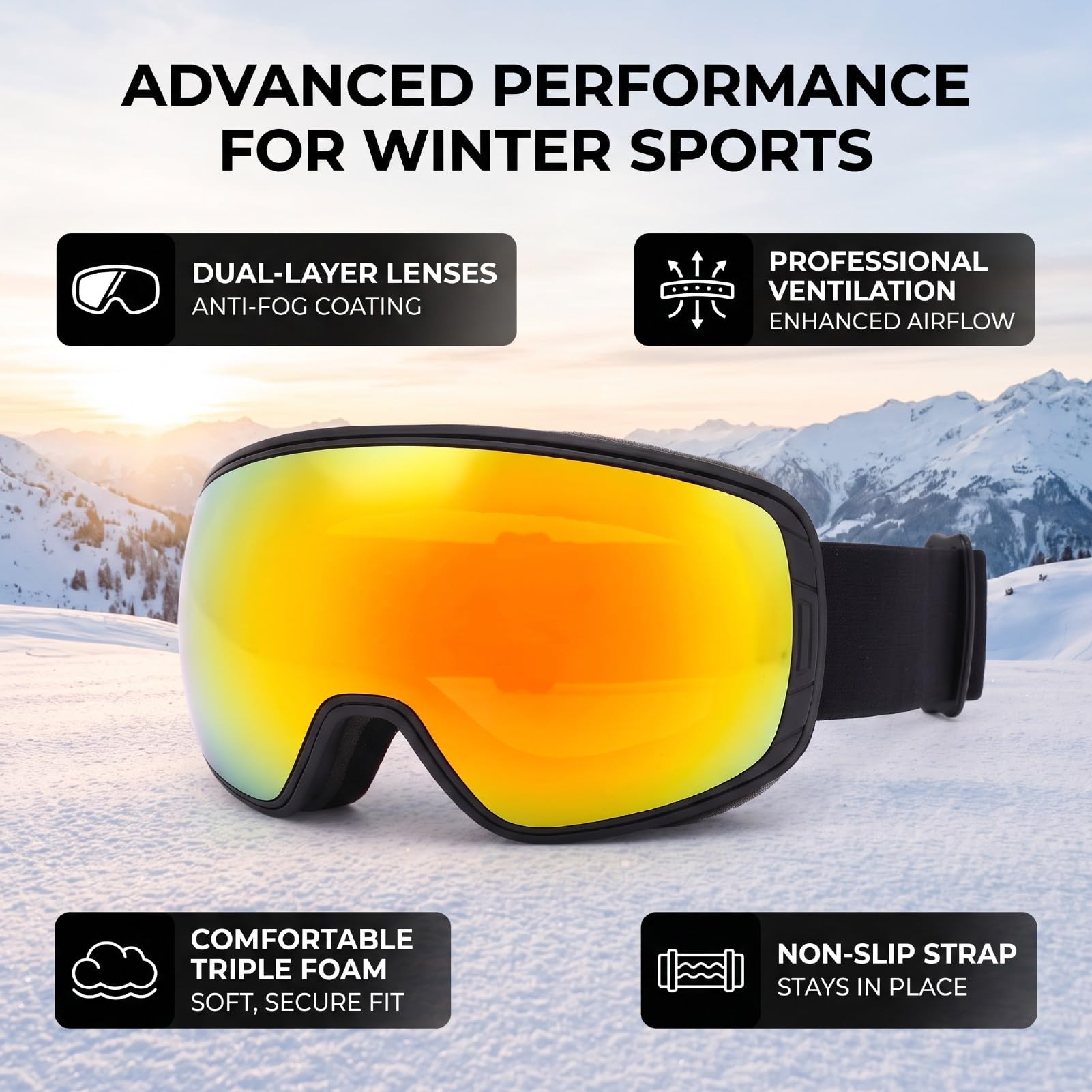 Magnetic Ski Goggles, OTG Design for Glasses | Anti-buée, sangle réglable, verres double couche, léger, sports d\'hiver
