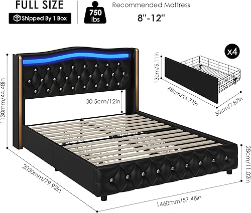 Miniatura 2 de HIFIT Base de cama con plataforma LED inteligente con 4 cajones de almacenamiento, cabecera con botones de cristal y ribete dorado inoxidable, marco