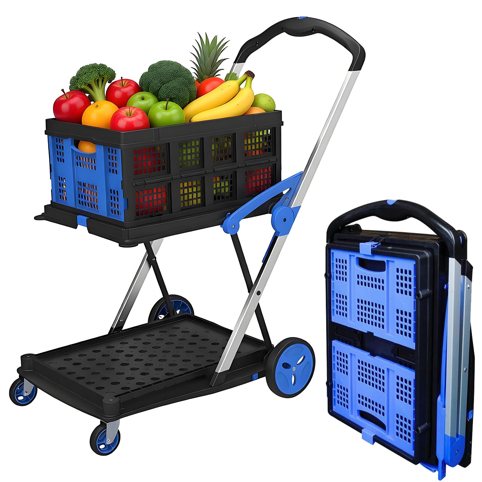 Składany wózek na zakupy z kółkami, 2-poziomowy wózek użytkowy, pojemność 90 kg, z kółkami obrotowymi o 360°, do supermarketów, biur i magazynów