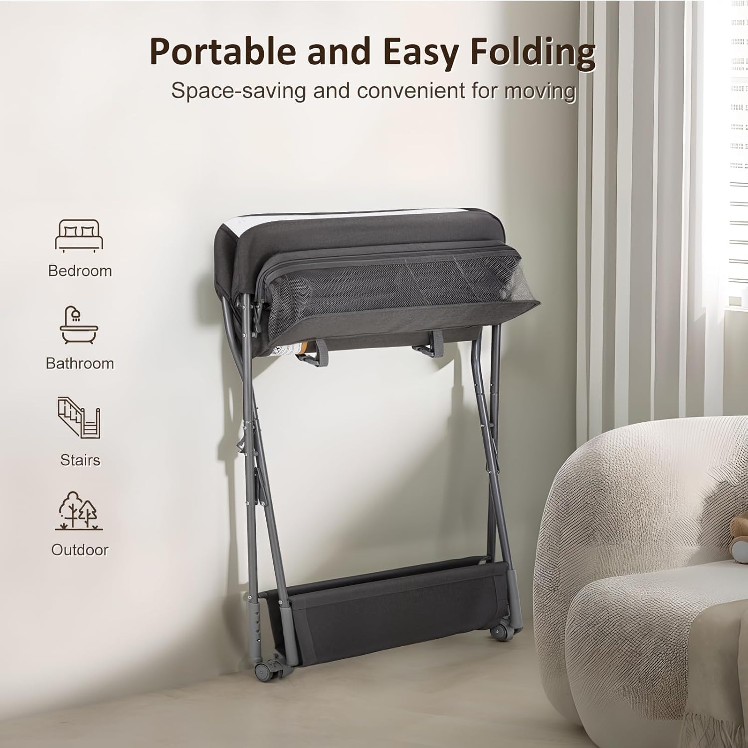 Maydolly Table à langer pour bébé avec roues, station à langer pliante portable à hauteur réglable avec organiseur de pépinière et support de rangement pour nouveau-né et nourrisson (gris foncé)