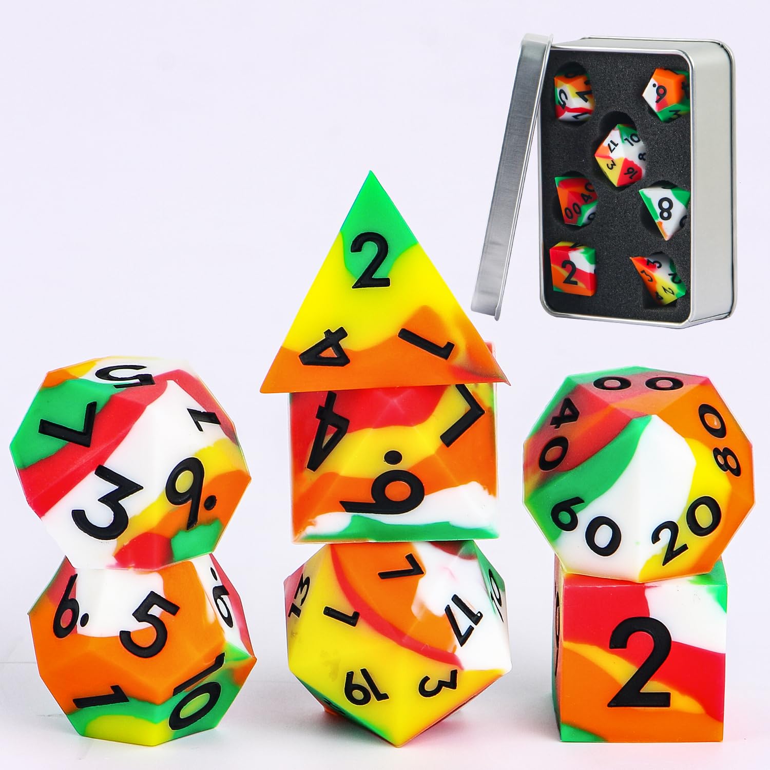 DND Dice Set Sharp Edge Dice Set 7 Piece DND polyhedral Dice Numbers with Gold Leaf Exquisite Tin Box Packaging,Ideal for Dungeons & Dragons RPG and Board Games (Colorful)