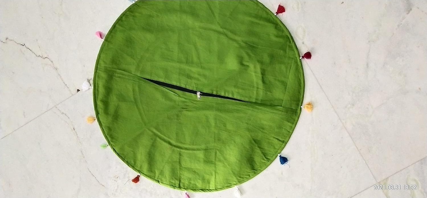 Indian Handmade Patchwork Codework Lime Green Pouf Cover Ottoman Round Floor Pillow Cushion Seating Throw Decorative Pom Cases Bohemian 32 Inches, BFPC0200, 33 Inches, Lime-green