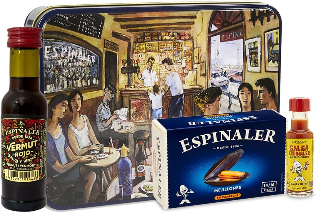 Espinaler cesta gourmet aperitivo | Pack regalo con vermut rojo, salsa espinaler y mejillones en escabeche en caja regalo vintage