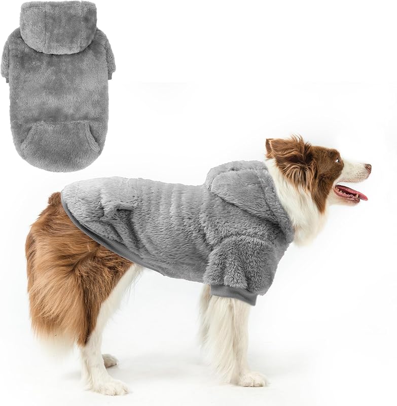 Fleece Dog Sweaters Hoodie for Small Medium Large Dogs Girls Boys, Plush Fuzzy Dog Clothes Hoodies with Leash Hole, Winter/Fall Puppy Cold Weather Coat, Sherpa Hooded Sweatshirt, Grey L