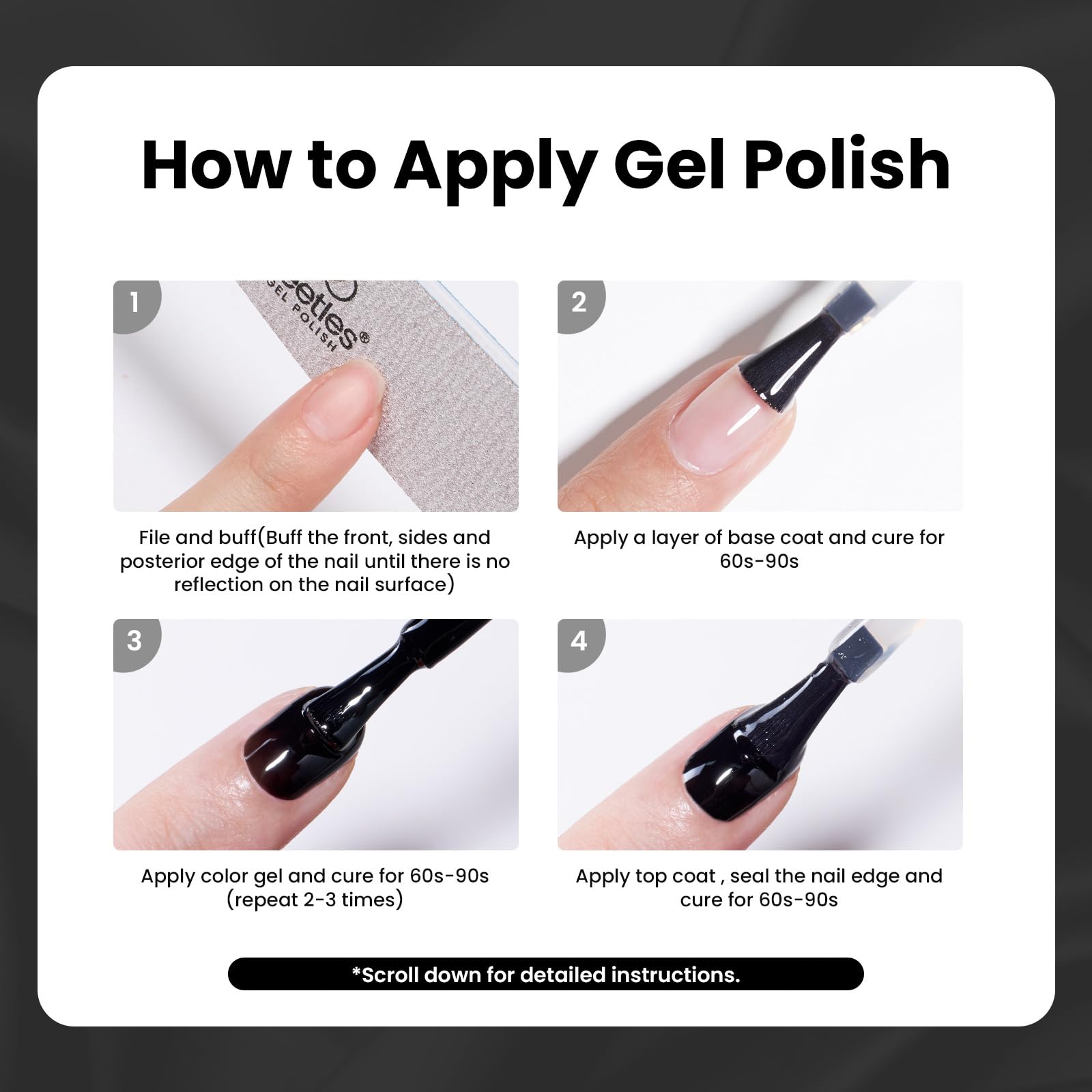 Beetles Black Gel Nail Polish Kit with U V Light, 5 Pcs Gel Polish Kit with Base & Top Coat and Nail File for Beginners Soak Off Black DIY Art Set Manicure Gifts for Women Teen Girls