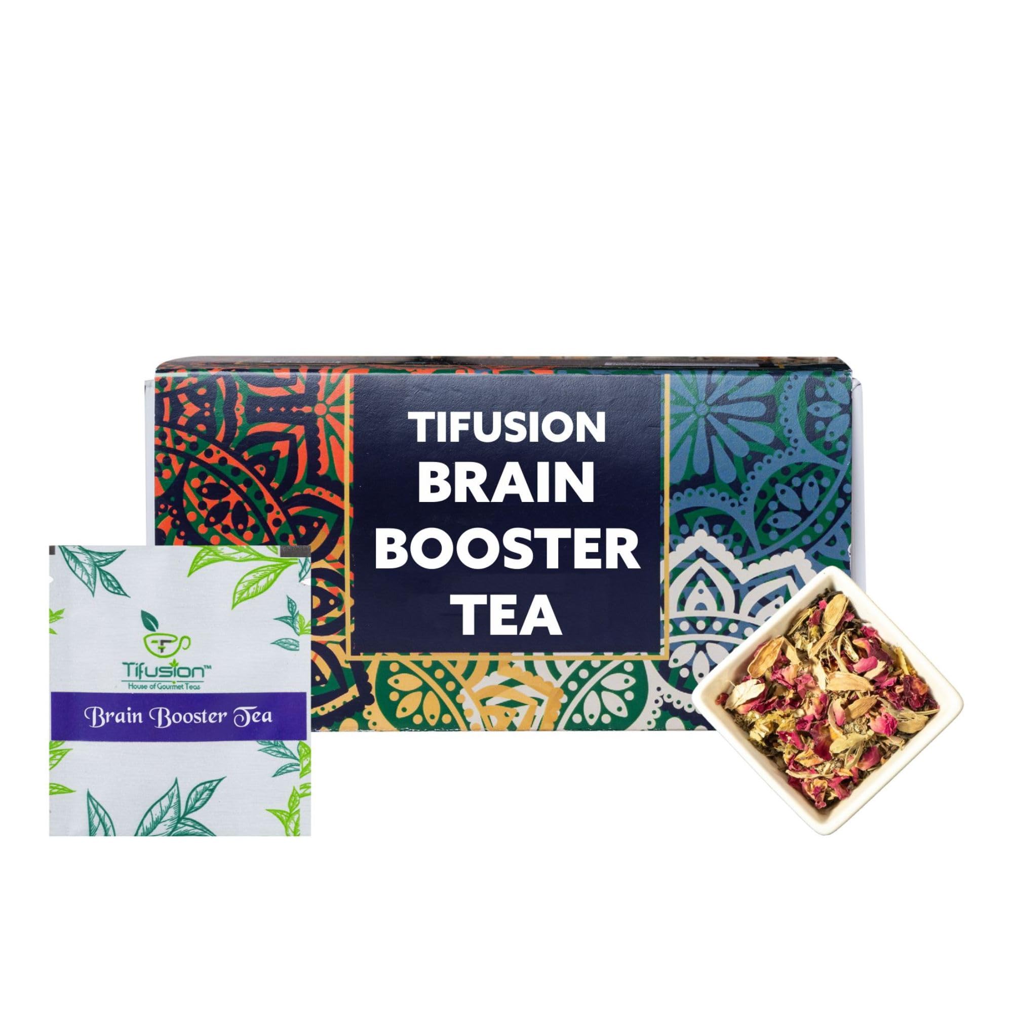 Tifusion Brain Booster Tea - Enhance for Memory, Focus Concertration, Clarity, Retention Power with Brahmi, Ashwagandha, Shankhapushpi, Rosemary, Jasmine - 20 Tea Bags | 20 Serving Cups